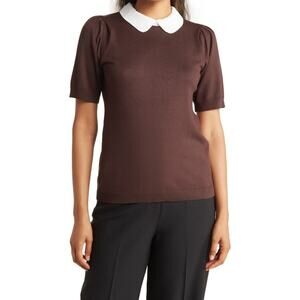 New Adrianna Papell Collared Short Sleeve Sweater in Brown Women's Size XS